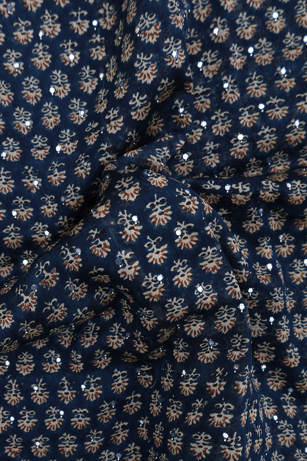 Chanderi Silk Cotton Saree In Prussian Blue With Mirror Work
