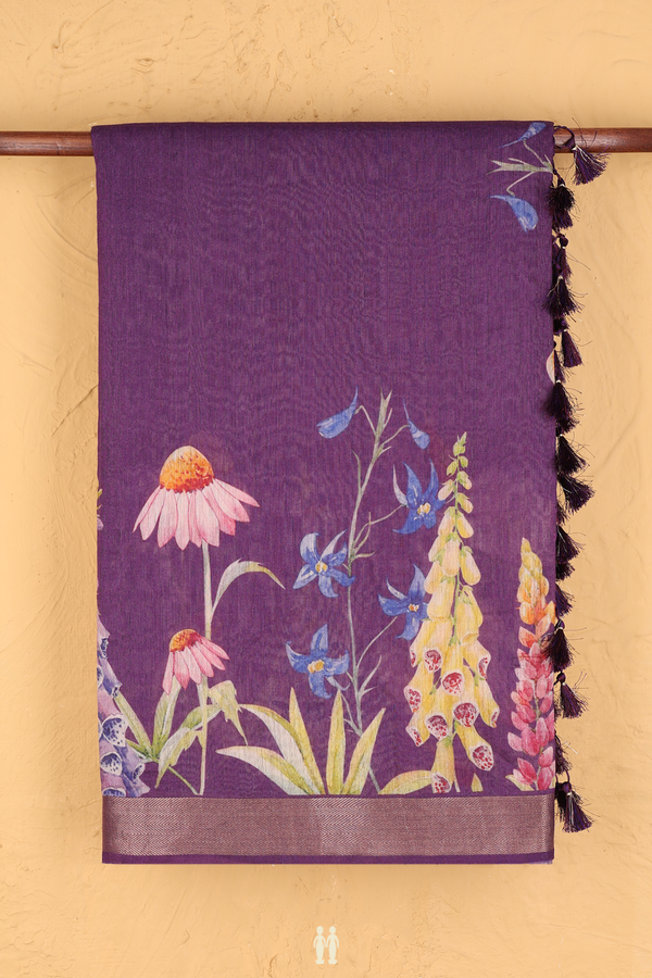 Chanderi Silk Cotton Saree In Purple With Floral Design