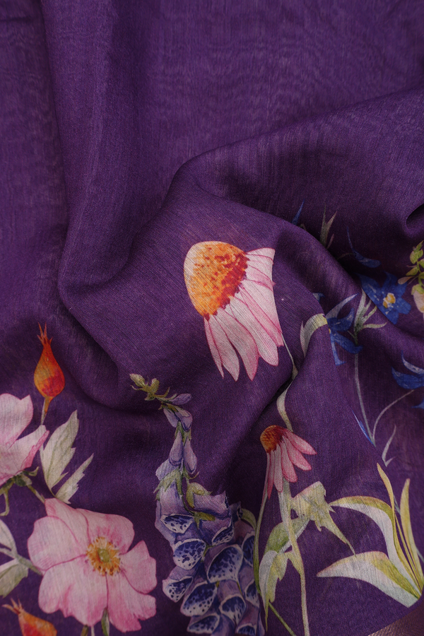 Chanderi Silk Cotton Saree In Purple With Floral Design