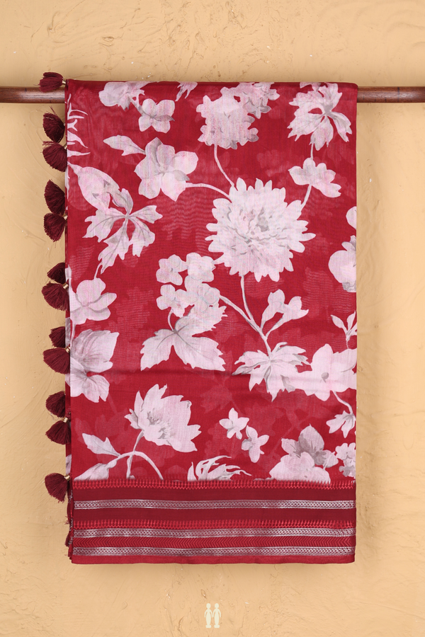 Chanderi Silk Cotton Saree In Red With Floral Design