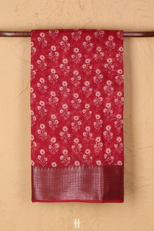 Chanderi Cotton Saree In Red With Floral Design