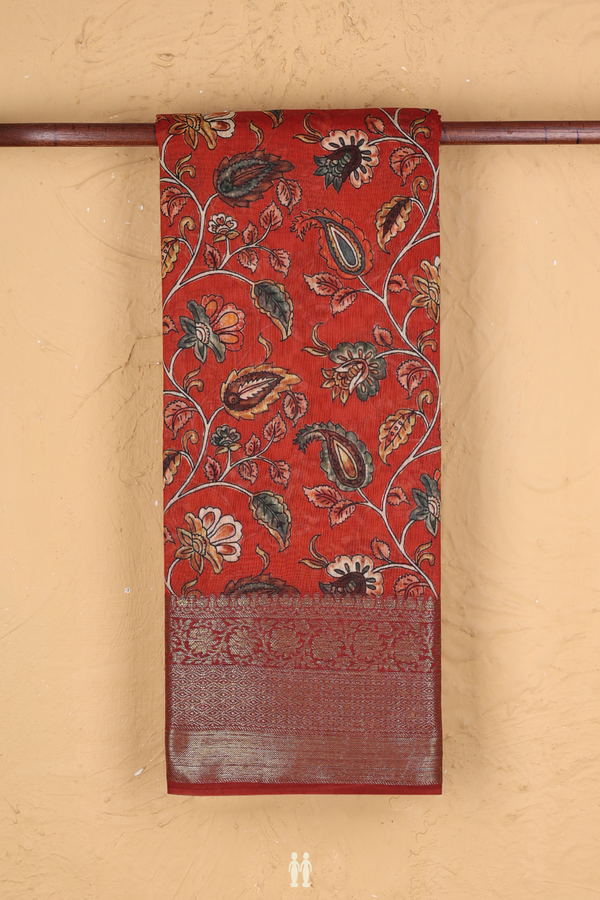 Chanderi Silk Cotton Saree In Rust Red With Floral Design