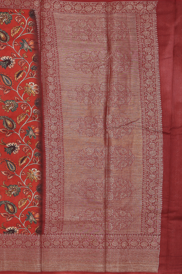 Chanderi Silk Cotton Saree In Rust Red With Floral Design
