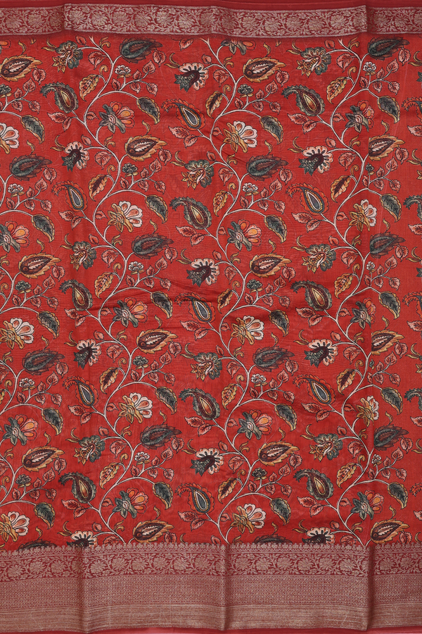 Chanderi Silk Cotton Saree In Rust Red With Floral Design
