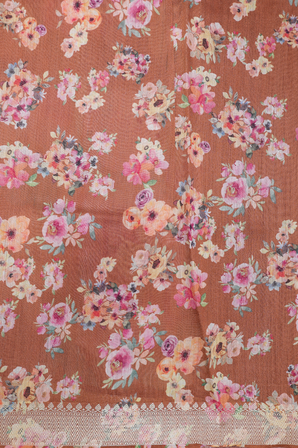 Chanderi Silk Cotton Saree In Saddle Brown With Floral Design