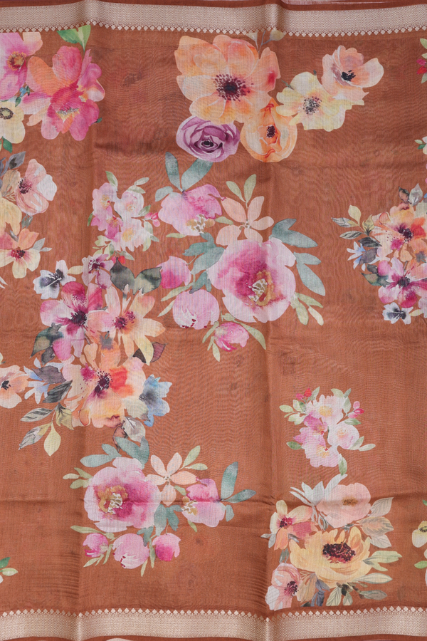 Chanderi Silk Cotton Saree In Saddle Brown With Floral Design