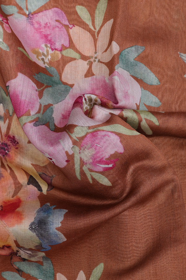 Chanderi Silk Cotton Saree In Saddle Brown With Floral Design