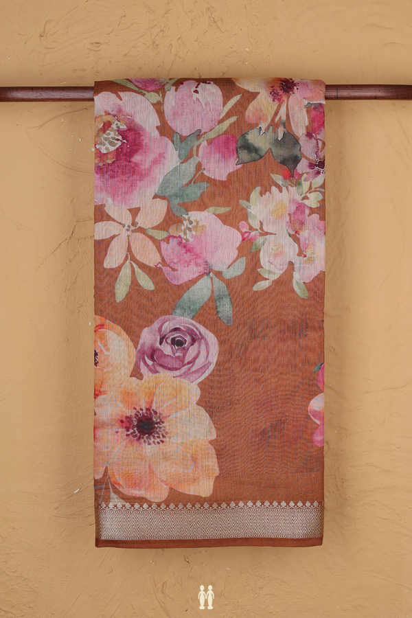 Chanderi Silk Cotton Saree In Saddle Brown With Floral Design