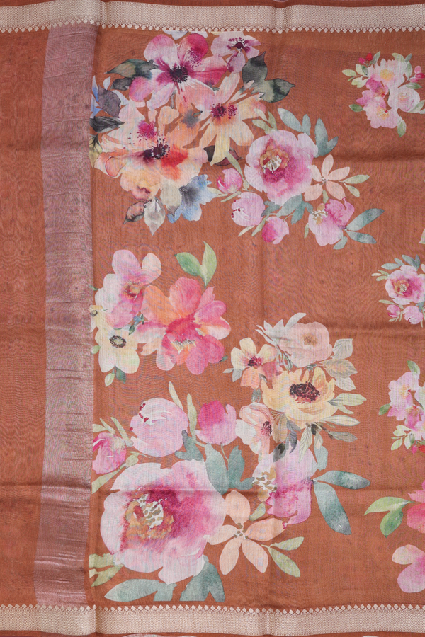 Chanderi Silk Cotton Saree In Saddle Brown With Floral Design