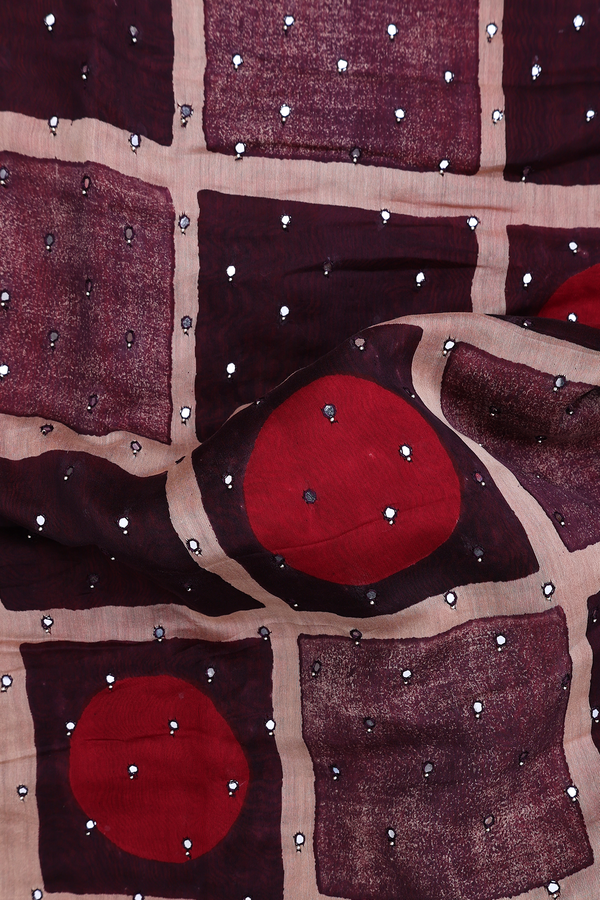 Chanderi Silk Cotton Saree In Tan Brown With Mirror Work Buttis