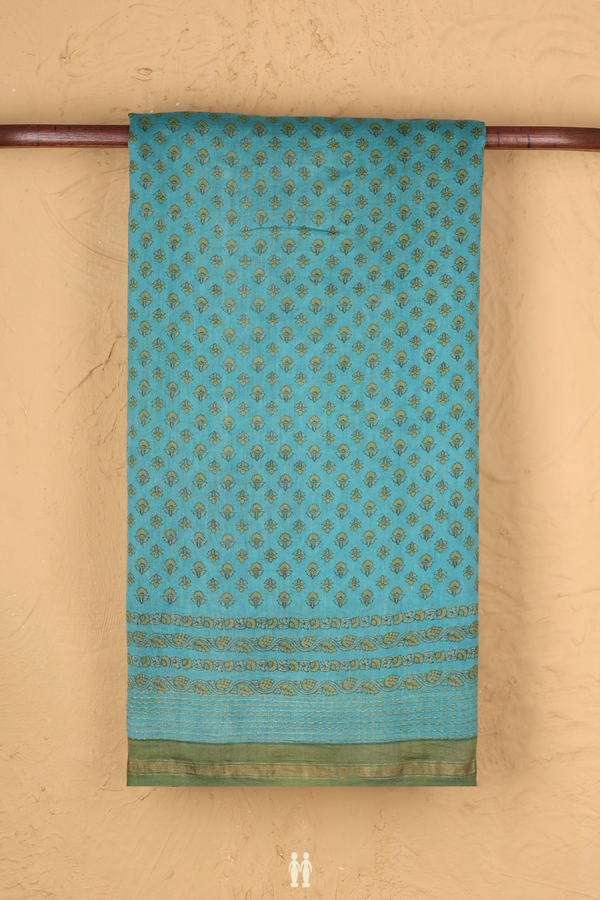 Chanderi Silk Cotton Saree In Turkish Blue With Floral Design