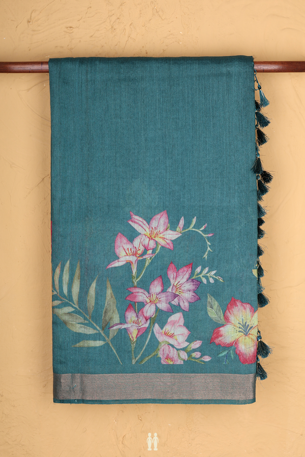 Chanderi Silk Cotton Saree In Turkish Blue With Floral Design