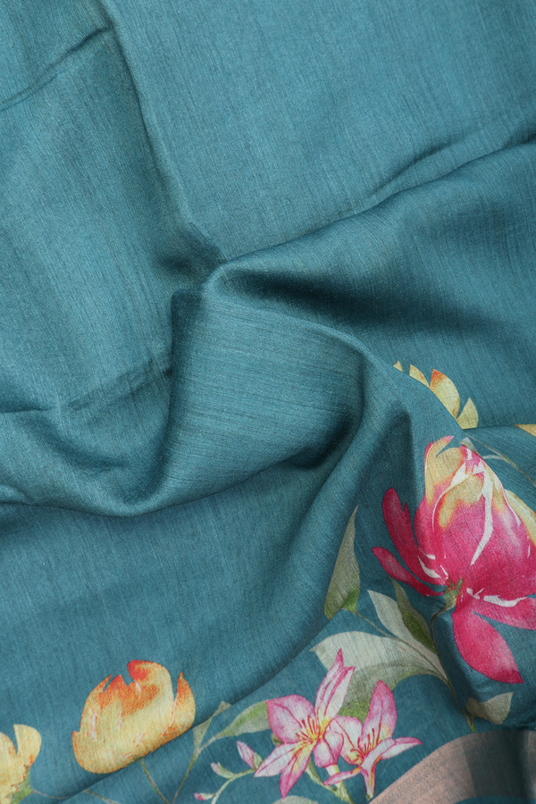 Chanderi Silk Cotton Saree In Turkish Blue With Floral Design