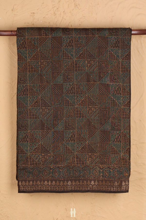 Chanderi Silk Cotton Saree In Walnut Brown With Ajrakh Print