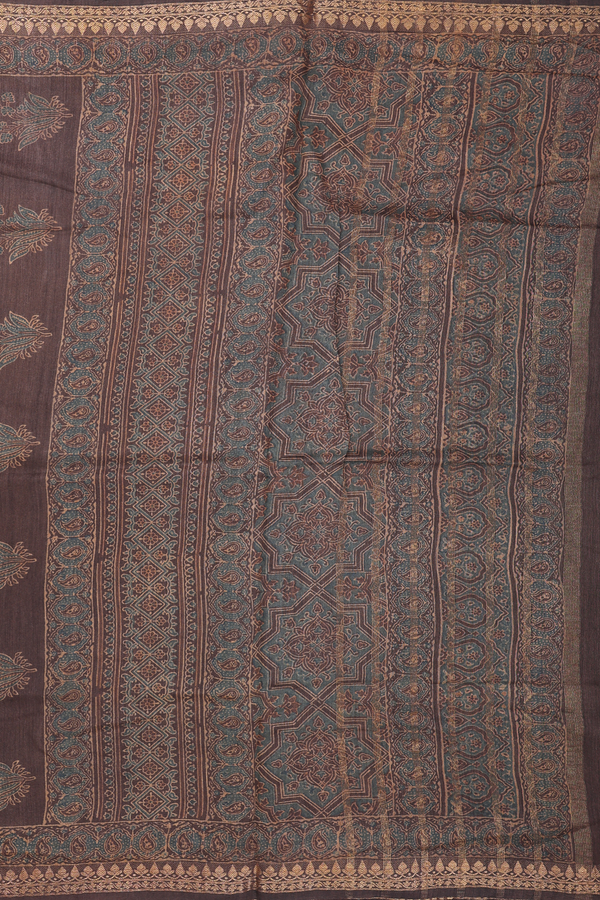 Chanderi Silk Cotton Saree In Walnut Brown With Ajrakh Print