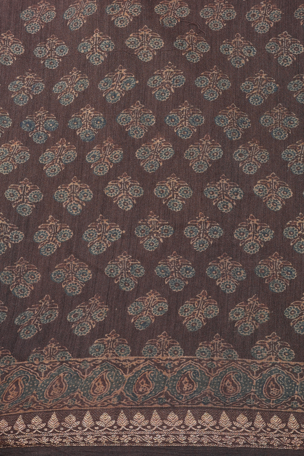 Chanderi Silk Cotton Saree In Walnut Brown With Ajrakh Print
