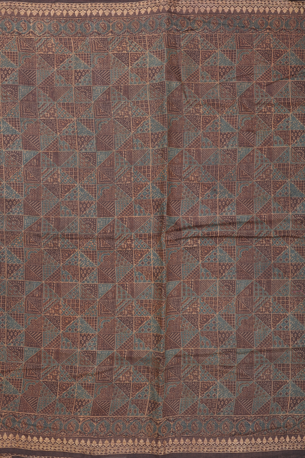 Chanderi Silk Cotton Saree In Walnut Brown With Ajrakh Print