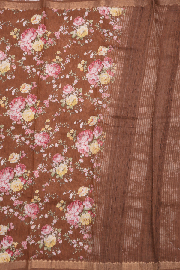 Chanderi Silk Cotton Saree In Walnut Brown With Floral Print