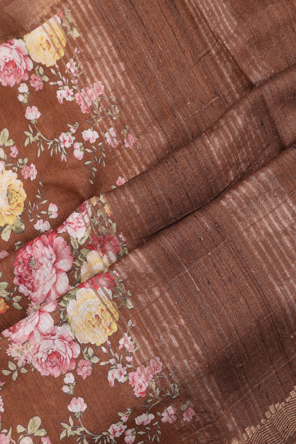 Chanderi Silk Cotton Saree In Walnut Brown With Floral Print