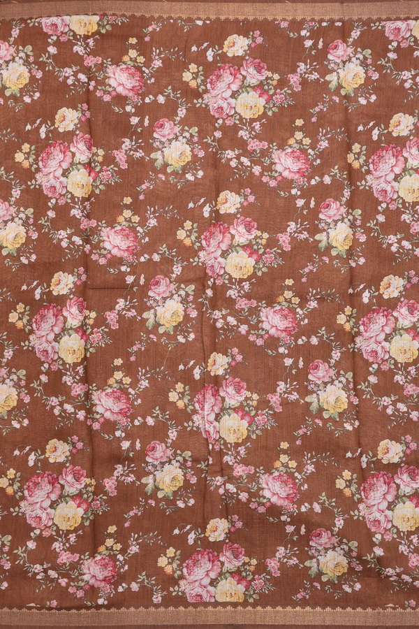 Chanderi Silk Cotton Saree In Walnut Brown With Floral Print