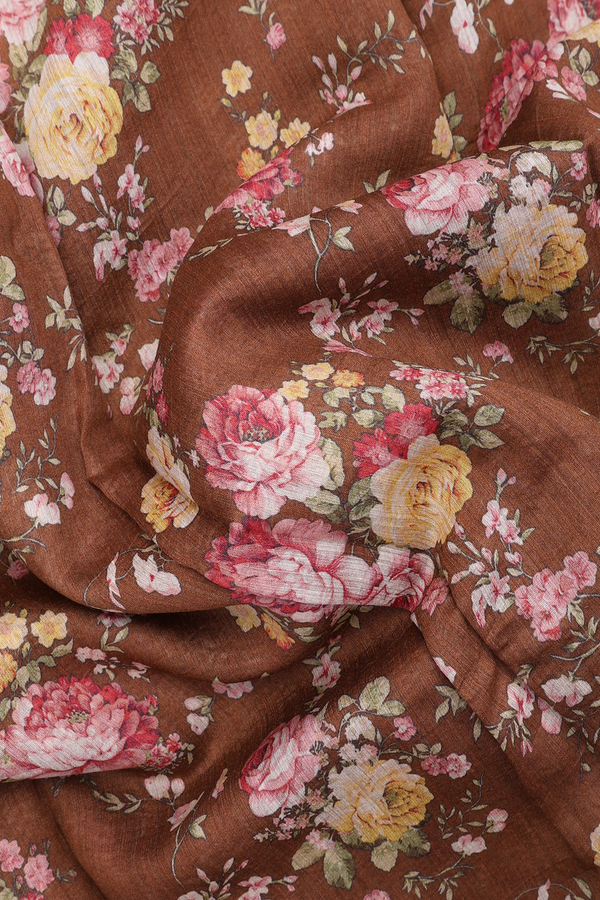 Chanderi Silk Cotton Saree In Walnut Brown With Floral Print