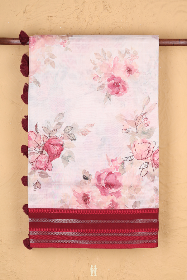 Chanderi Silk Cotton Saree In White With Floral Design