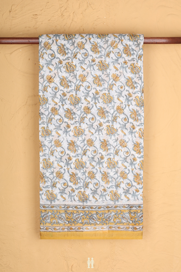 Chanderi Silk Cotton Saree In White With Floral Design