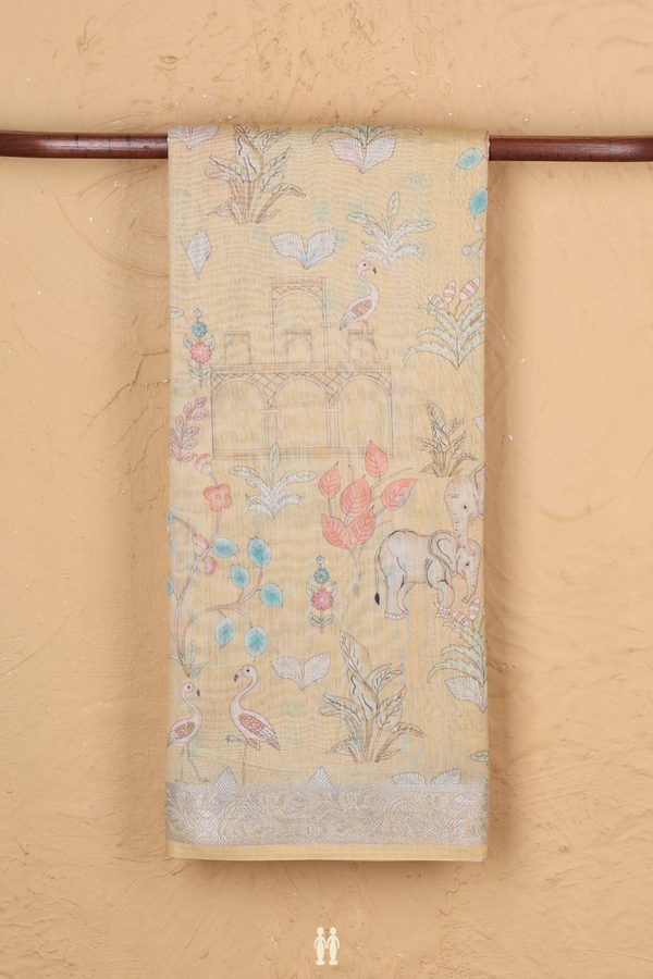 Chanderi Silk Cotton Saree In Yellow With Elephant Design