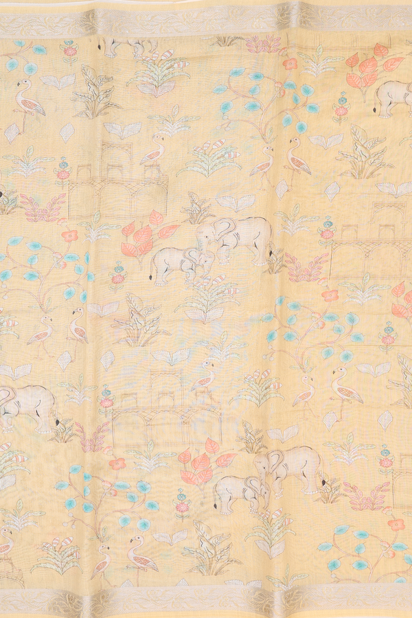 Chanderi Silk Cotton Saree In Yellow With Elephant Design