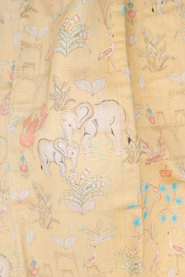 Chanderi Silk Cotton Saree In Yellow With Elephant Design