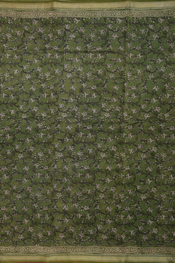 Chanderi Silk Cotton Saree Mehandi Green With Floral Design