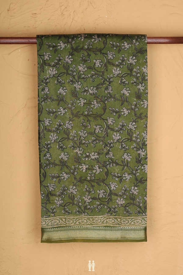 Chanderi Silk Cotton Saree Mehandi Green With Floral Design
