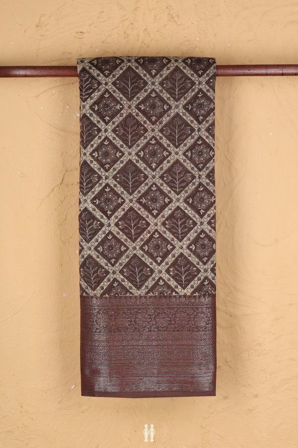 Chanderi Silk Cotton Saree Oxford Brown With Diamond Design