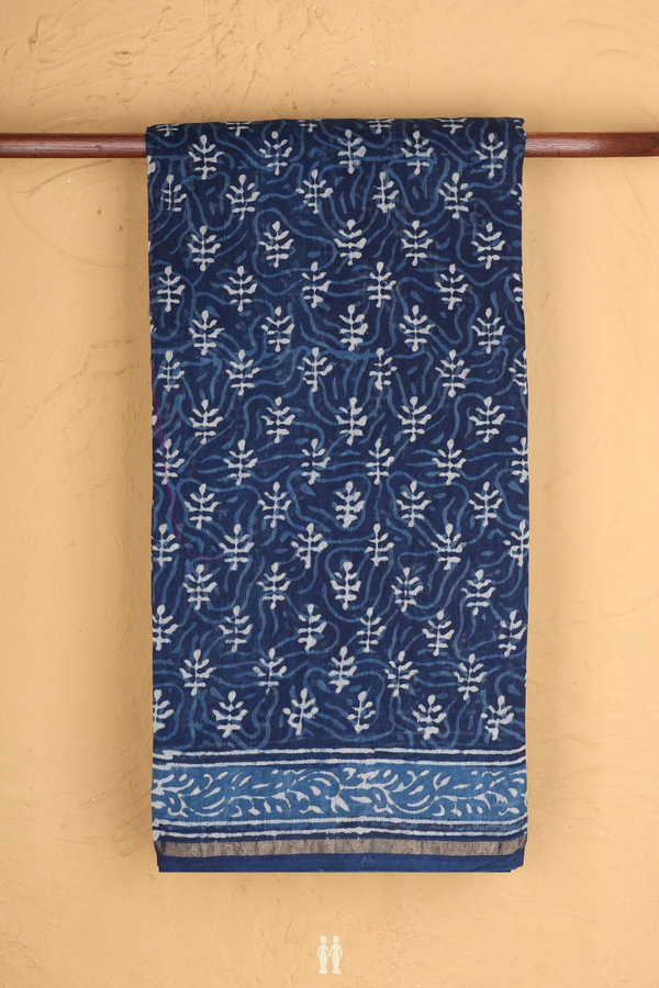 Chanderi Silk Cotton Saree Prussian Blue With Printed Buttas