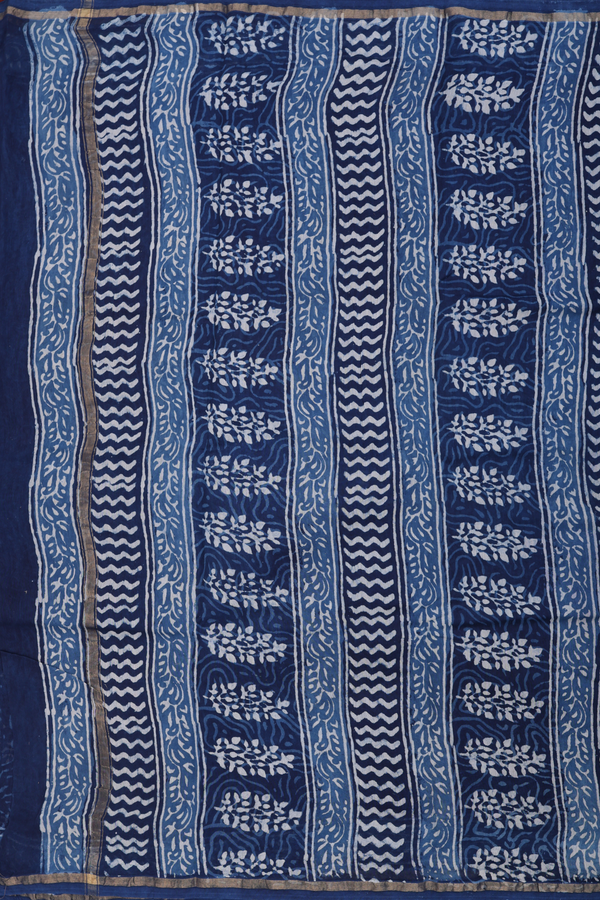 Chanderi Silk Cotton Saree Prussian Blue With Printed Buttas