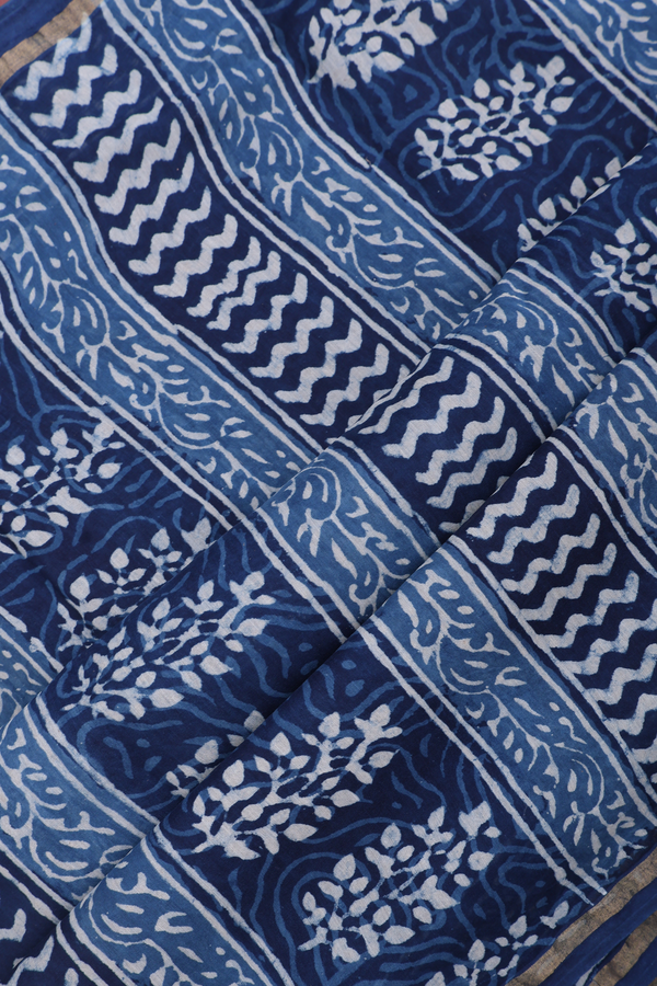 Chanderi Silk Cotton Saree Prussian Blue With Printed Buttas