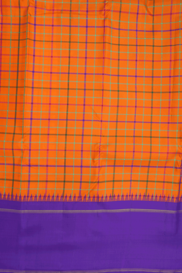 Checked Design Bright Orange Kanchipuram Silk Saree