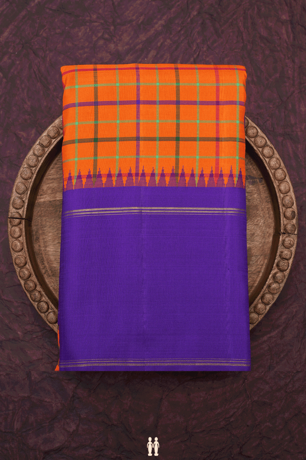 Checked Design Bright Orange Kanchipuram Silk Saree