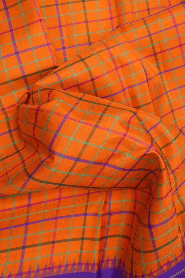 Checked Design Bright Orange Kanchipuram Silk Saree
