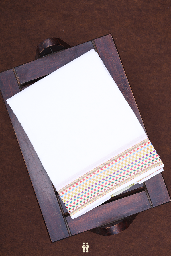 Checks Border White Cotton Dhoti With Angavastram Set