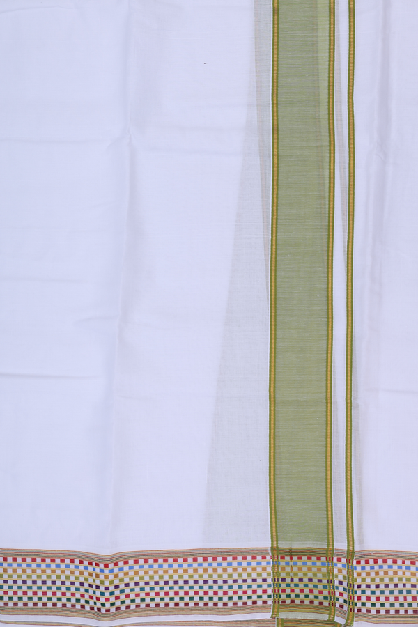 Checks Border White Cotton Dhoti With Angavastram Set