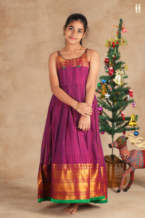 Round Neck Checks Design Berry Purple Cotton Frock