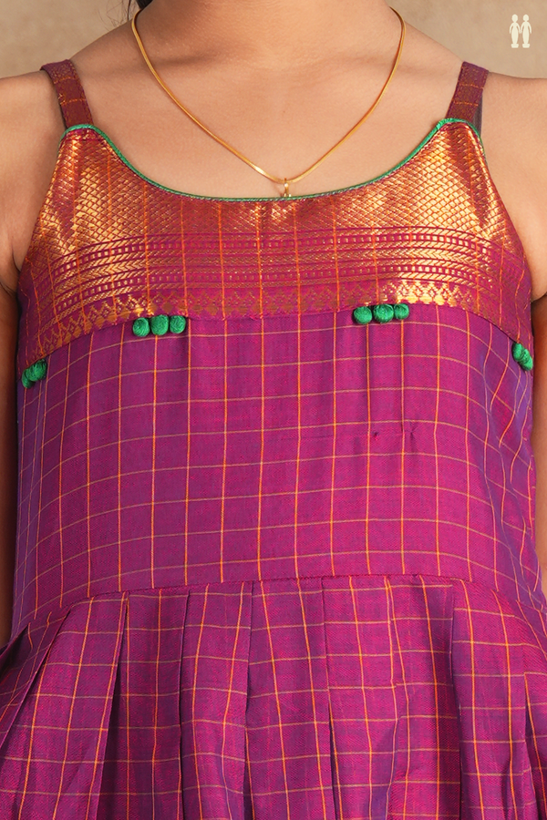 Round Neck Checks Design Berry Purple Cotton Frock