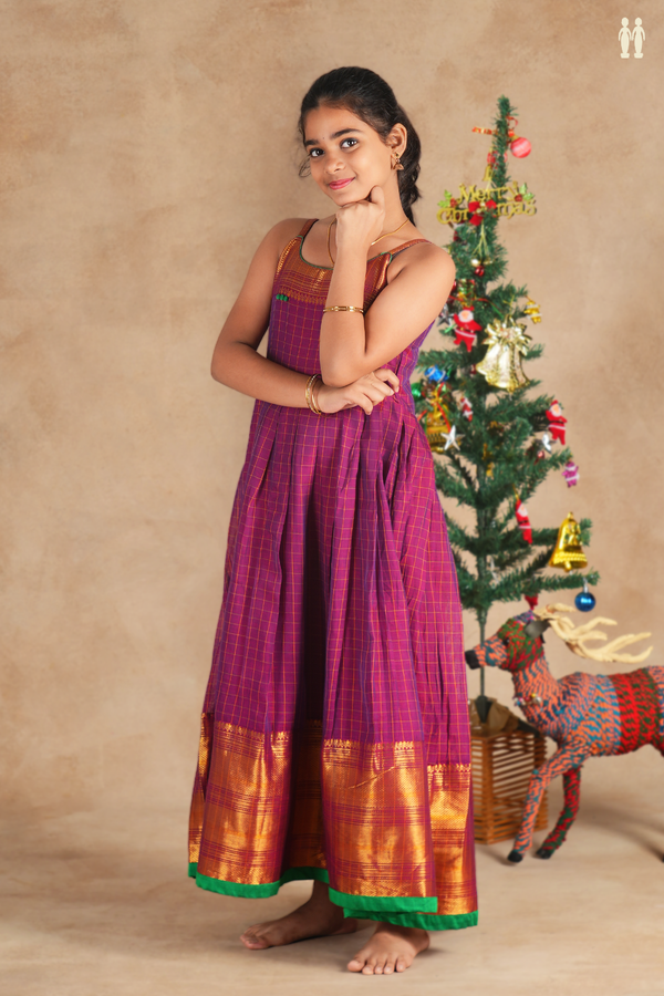 Round Neck Checks Design Berry Purple Cotton Frock