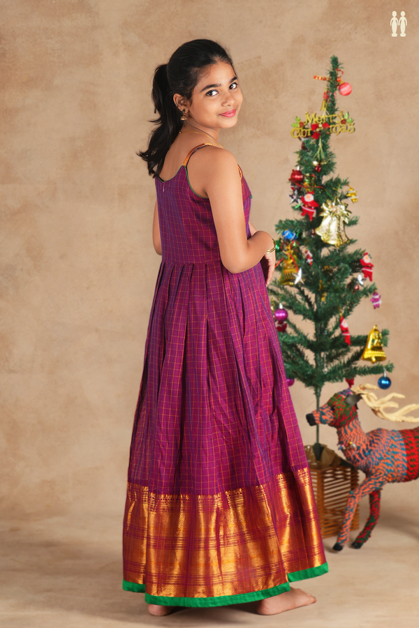 Round Neck Checks Design Berry Purple Cotton Frock