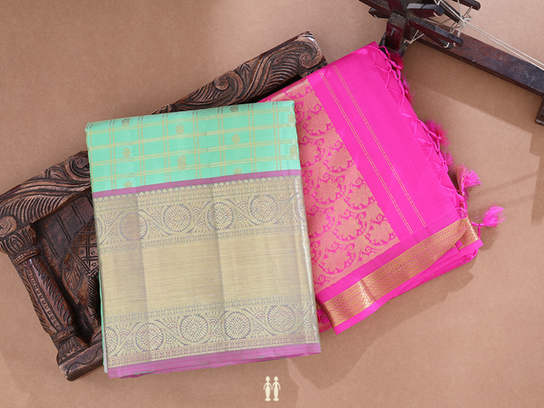 Checks Design Green Kanchipuram Silk Half Saree Material