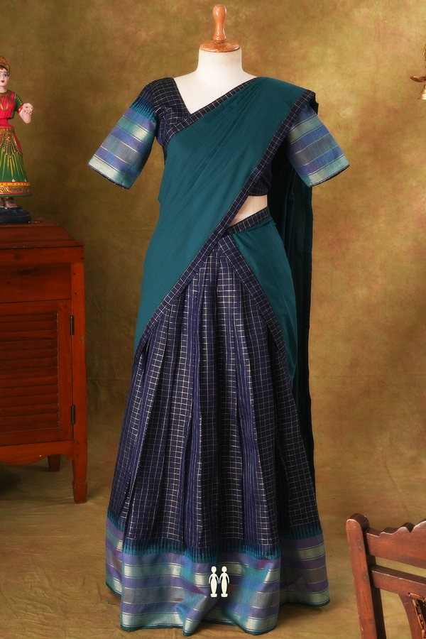 Checks Design Navy Blue Raw Silk Readymade Half Saree