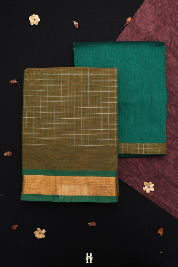 Checks Design Olive Green Venkatagiri Half Saree Material