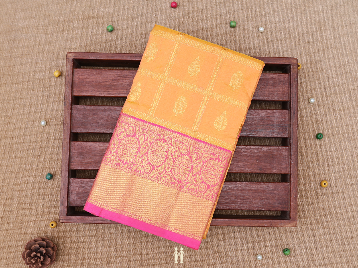 Checks Design Orange Kanchipuram Silk Pavadai Sattai Material