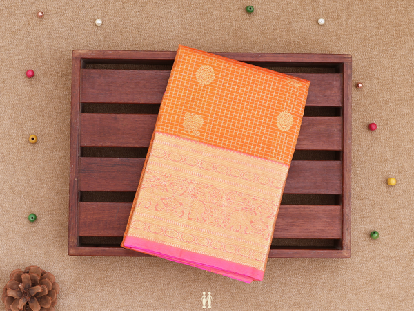 Checks Design Orange Kanchipuram Pavadai Sattai Material